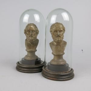 Pair miniature busts under glass domes