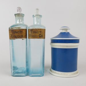 Apothecary jar & glass bottles