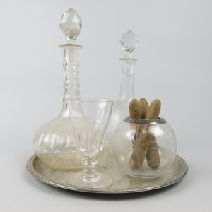 Antique glass decanters on tray etc