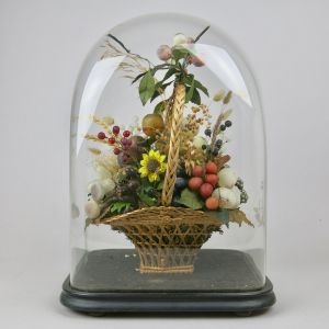 Glass dome with basket of flowers/fruit